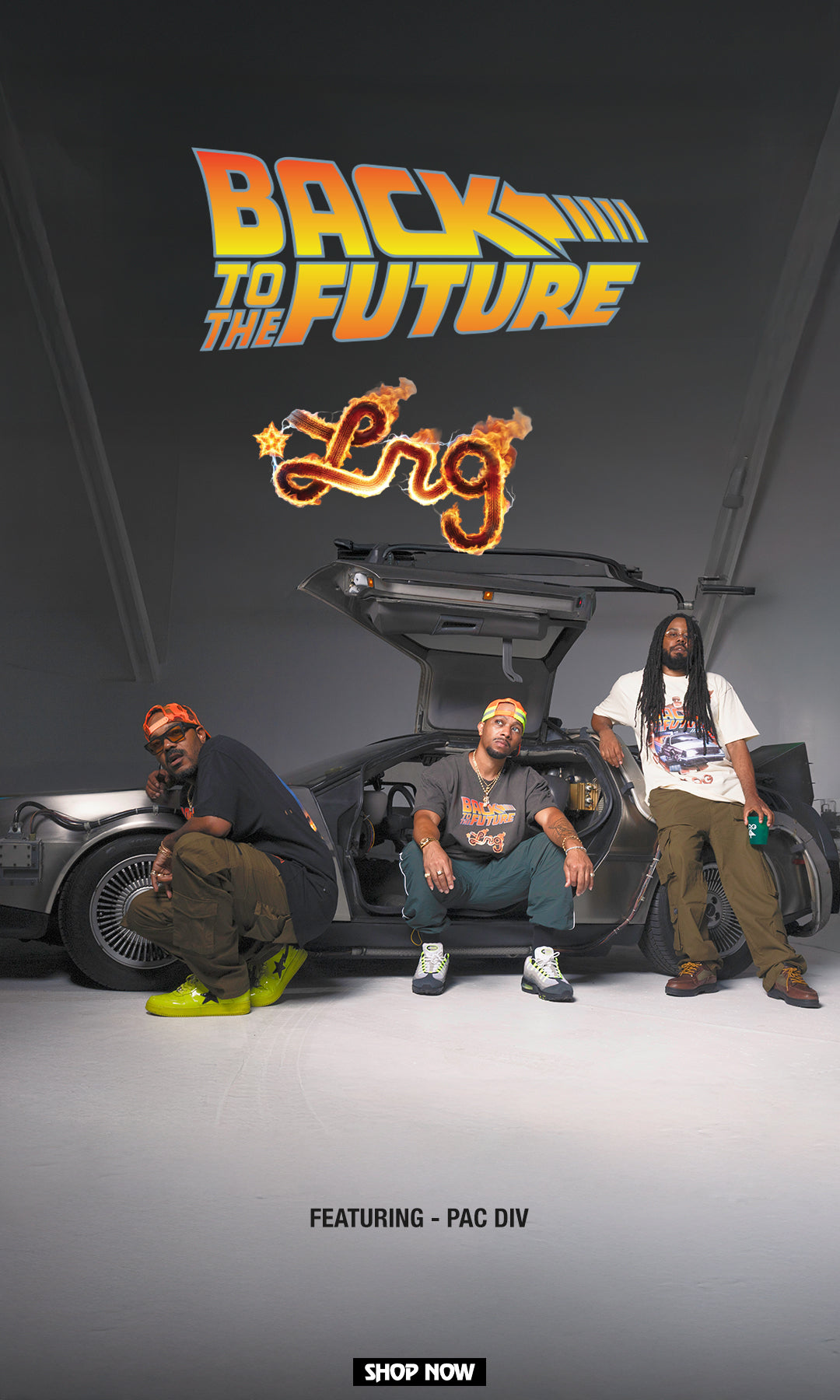 A promotional graphic for a Back to the Future themed product, featuring three men posing in front of a DeLorean time machine. The text 'BACK TO THE FUTURE' is displayed in the iconic yellow and orange font, with 'Lang' written in a stylized orange logo below it.