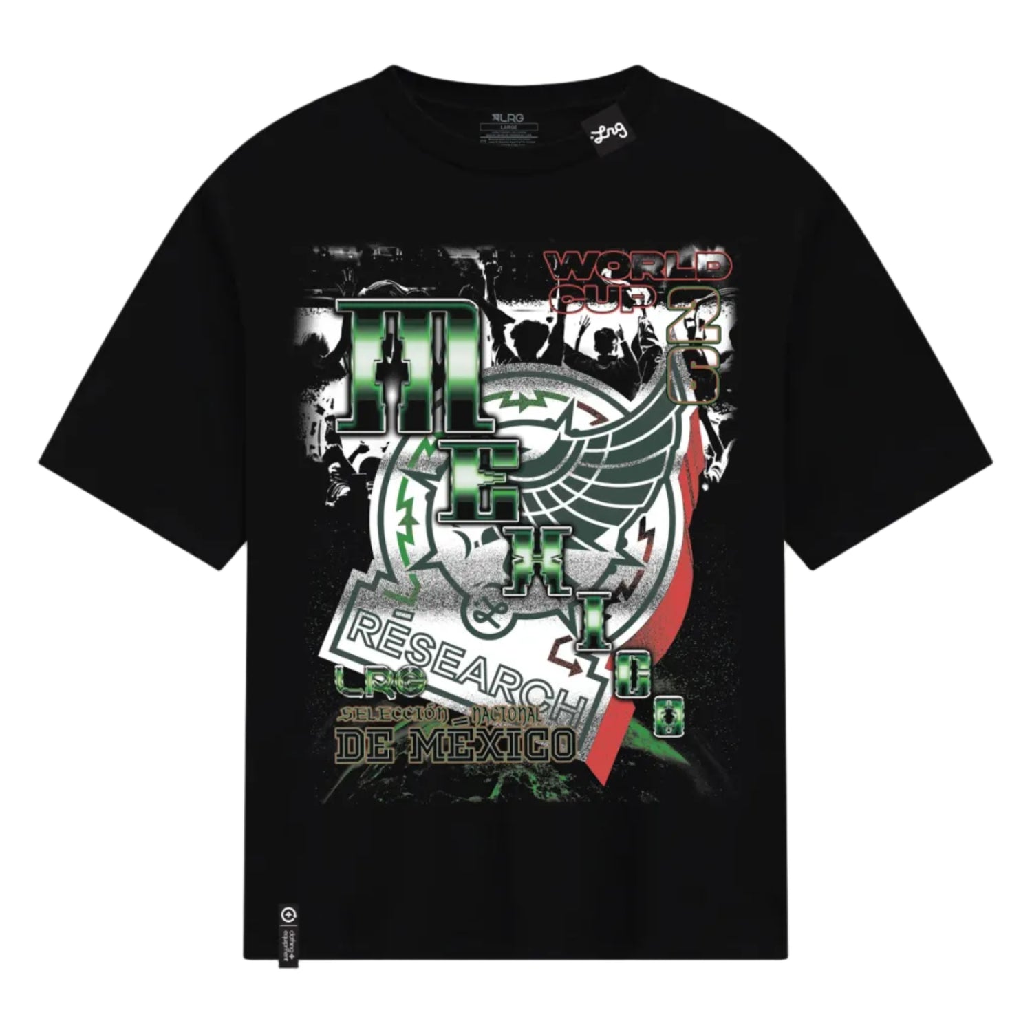 Black t-shirt with colorful graphic design on a white background