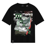 Black t-shirt with colorful graphic design on a white background