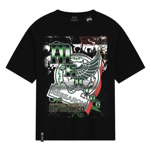 Black t-shirt with colorful graphic design on a white background