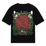 Black t-shirt with a colorful graphic design on a white background