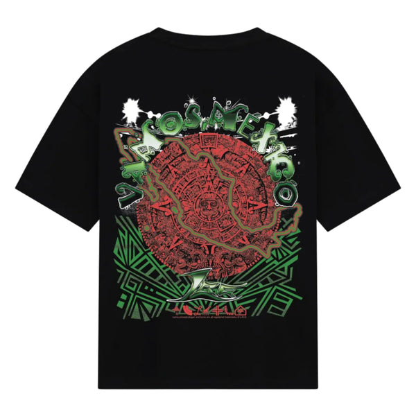 Black t-shirt with a colorful graphic design on a white background