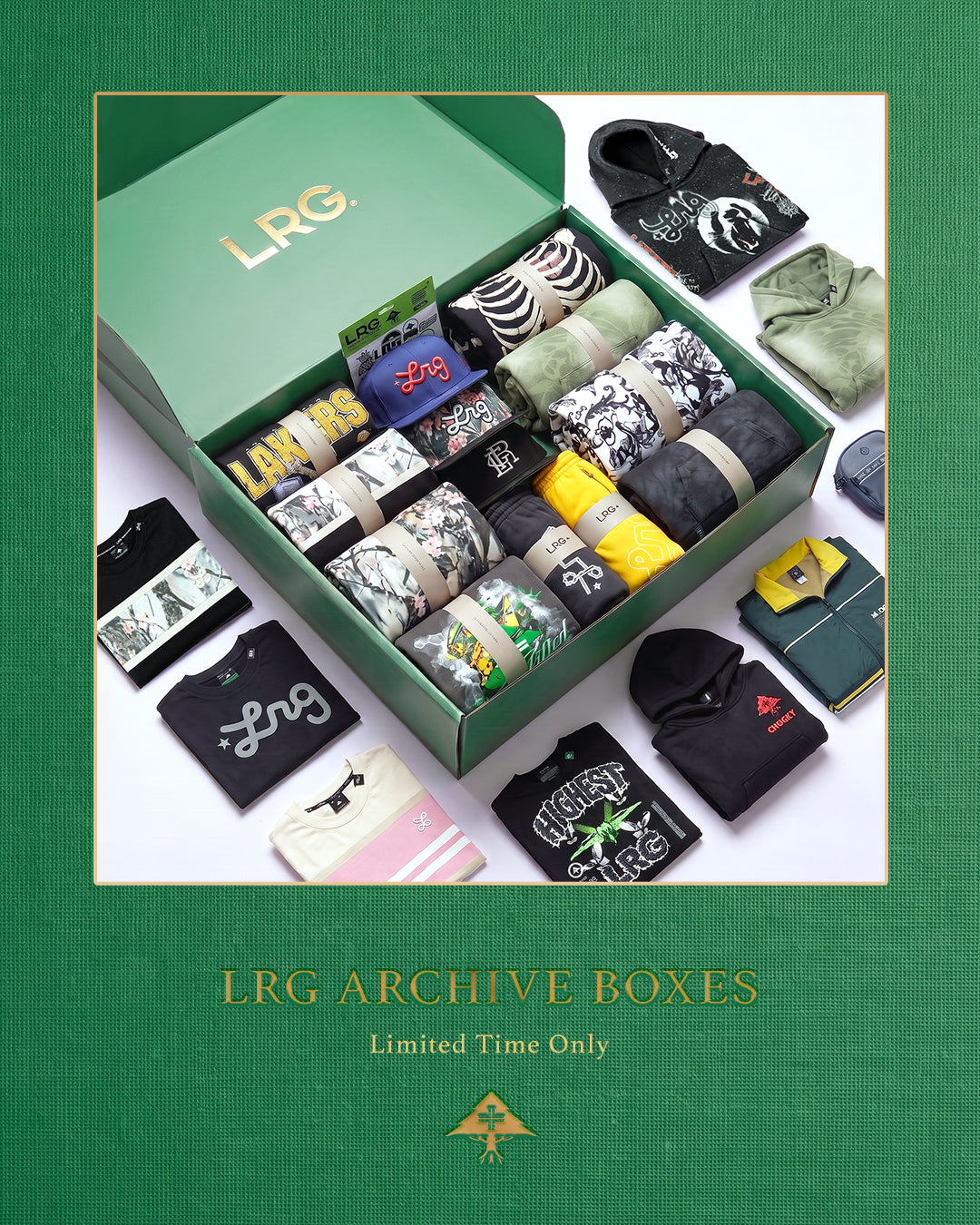 An open green LRG gift box filled with folded apparel and accessories, surrounded by additional clothing items on a white background, set against a textured green border with the text 'LRG ARCHIVE BOXES Limited Time Only'.