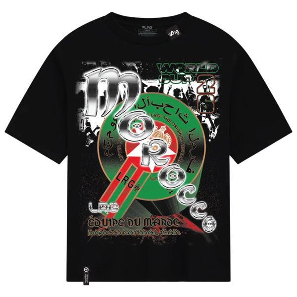 Black t-shirt with colorful graphic design on a white background