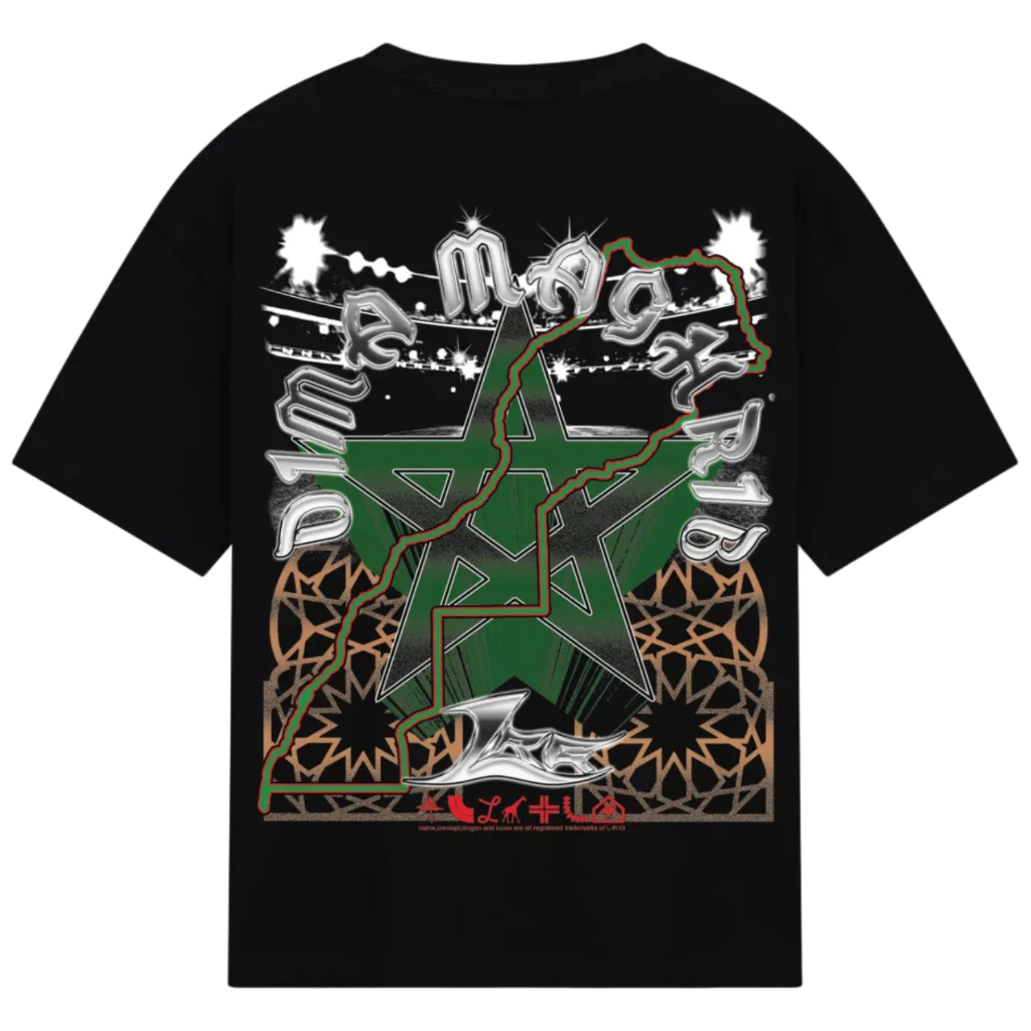 Black t-shirt with a colorful graphic design on the back