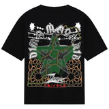 Black t-shirt with a colorful graphic design on the back
