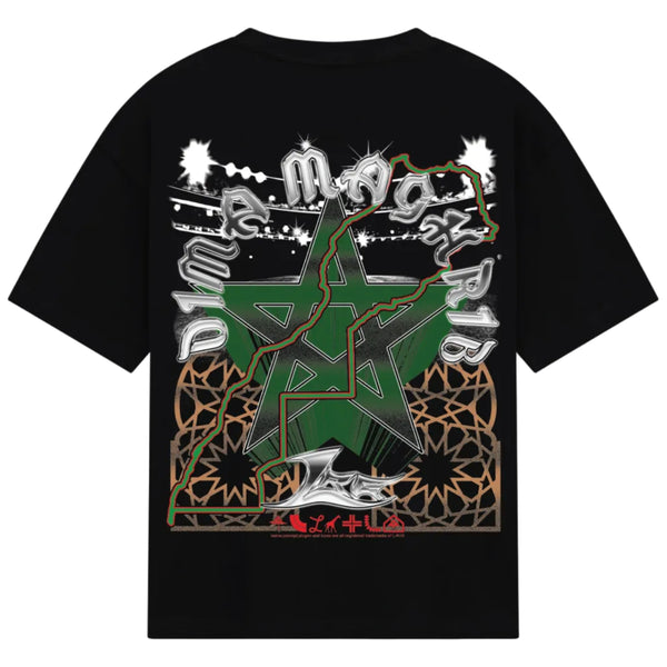 Black t-shirt with a colorful graphic design on the back