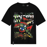Black t-shirt with colorful graphic design on a white background