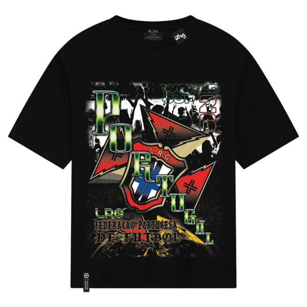 Black t-shirt with colorful graphic design on a white background