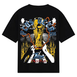 Black t-shirt with graphic design featuring a yellow figure and text on a white background