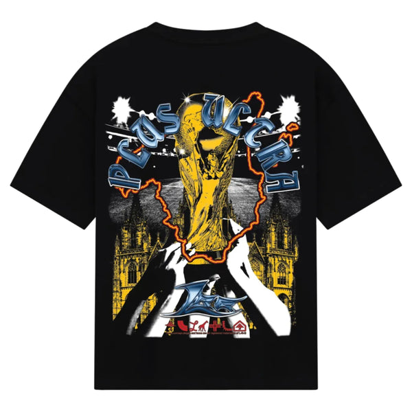 Black t-shirt with graphic design featuring a yellow figure and text on a white background