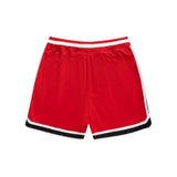 Red shorts with white waistband and black trim on a white background