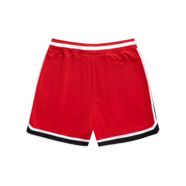 Red shorts with white waistband and black trim on a white background
