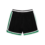 Black shorts with green and white trim on a white background