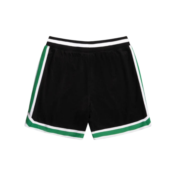 Black shorts with green and white trim on a white background