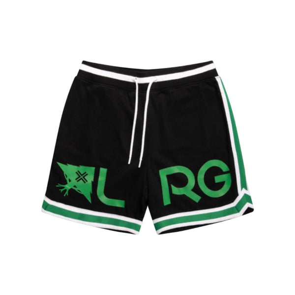 Black shorts with green accents and branding on a white background