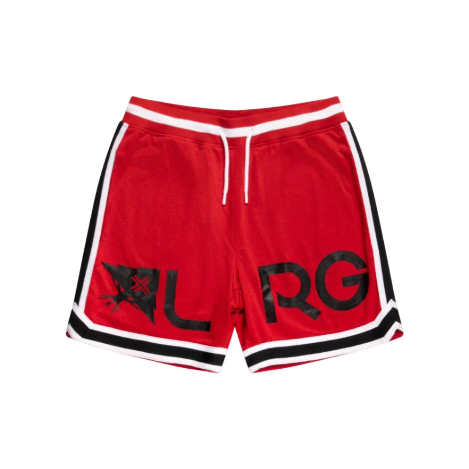 Red shorts with black logo on a white background