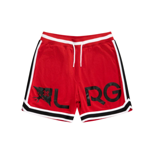 Red shorts with black logo on a white background