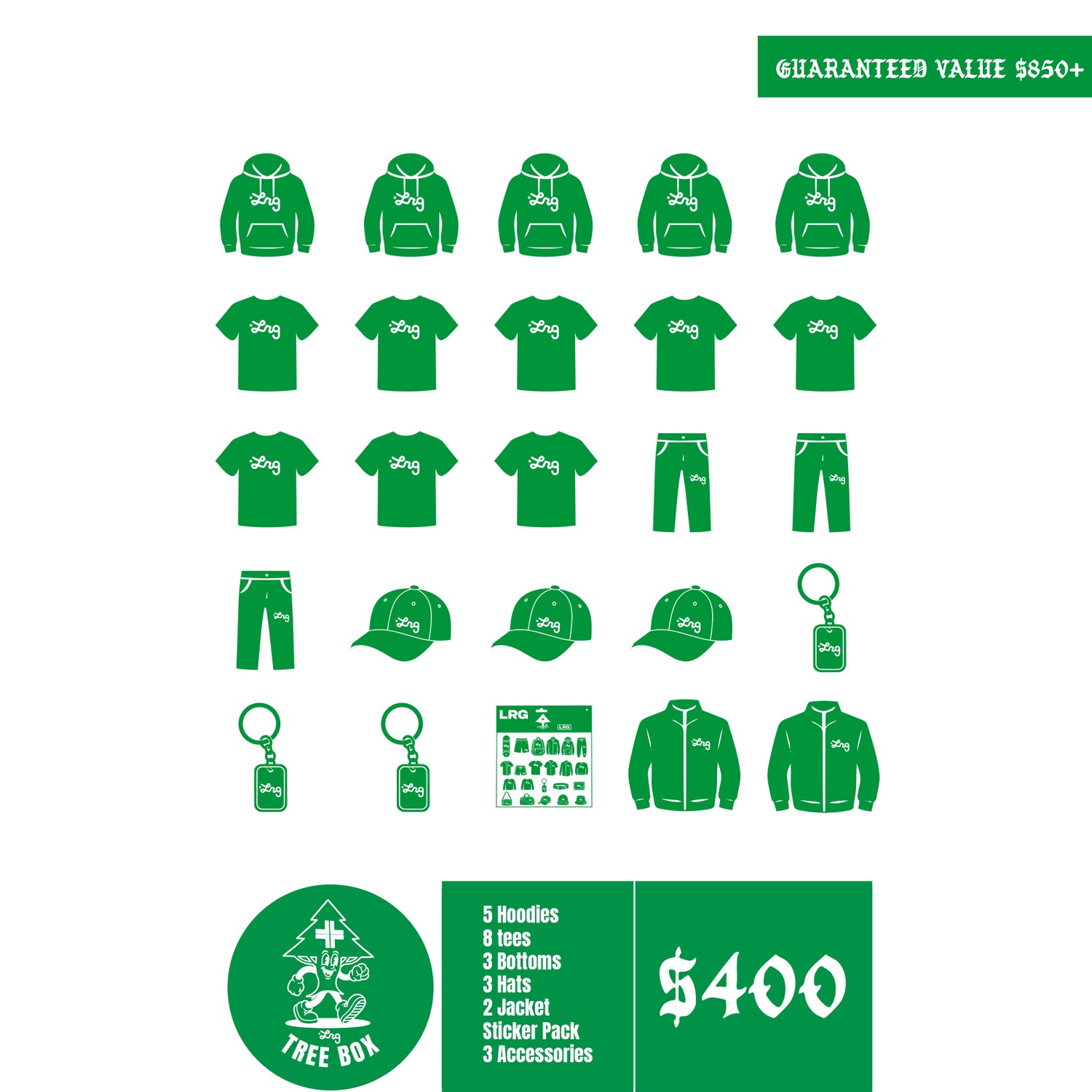 A promotional graphic showing a green-themed clothing bundle set against a white background. The image features green vector icons of various apparel items (hoodies, t-shirts, pants, caps, jackets) with the 'shag' logo, alongside text overlays detailing the contents of a '$400 FREE BOX' and '@GUARANTEED VALUE $650+'.