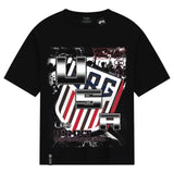 Black t-shirt with USA and military-themed graphics on a white background