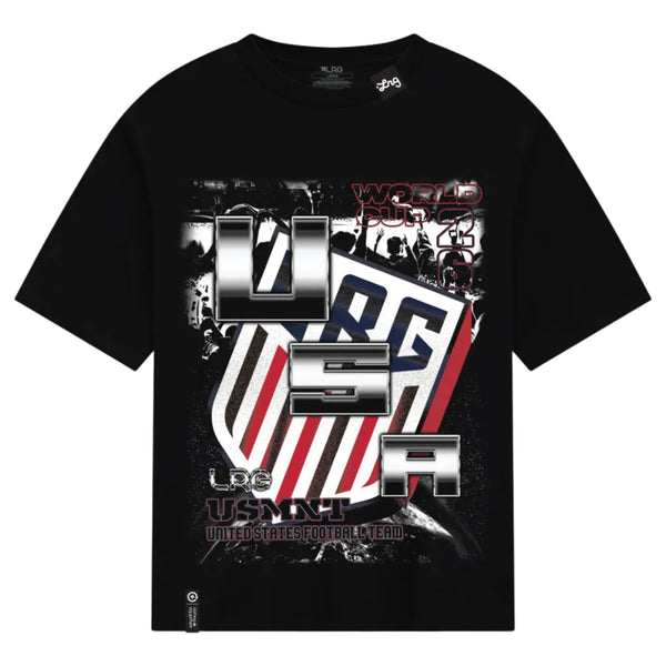 Black t-shirt with USA and military-themed graphics on a white background