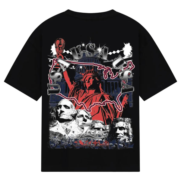 Black t-shirt with a graphic design featuring the Statue of Liberty and text on a white background