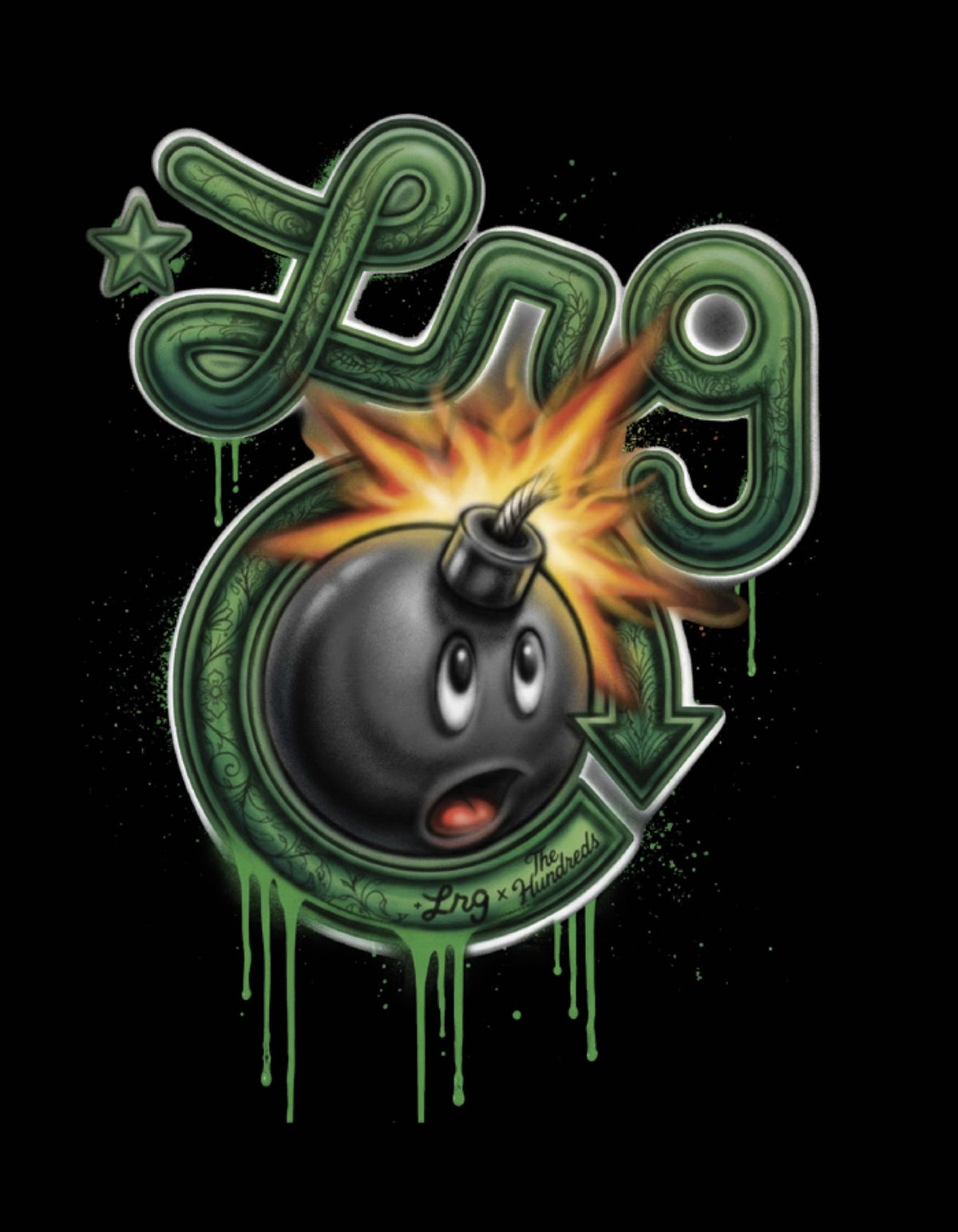 Script Bomb artwork: green LRG script wrapped around The Hundreds' Adam bomb