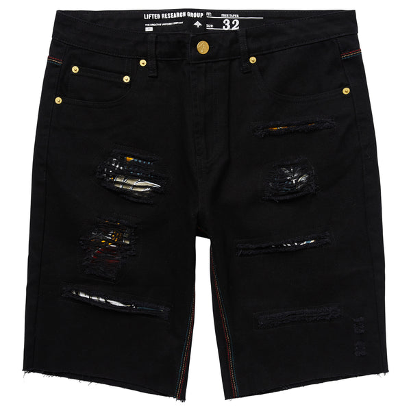 TROPIC ROOTS DENIM SHORTS - BLACK