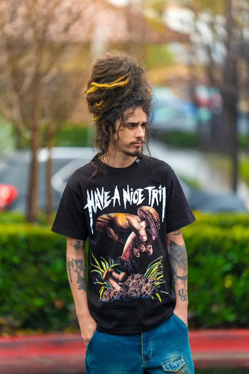 LRG model wearing a black graphic tee