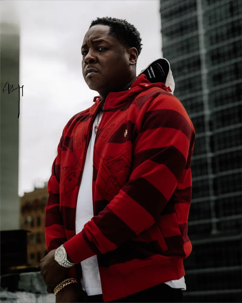 LRG model wearing a red striped hoodie
