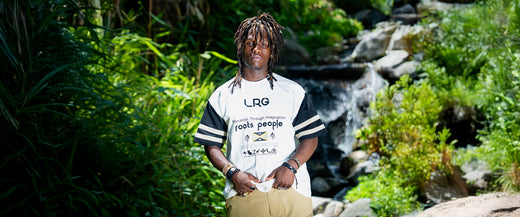 LRG model wearing a white tee